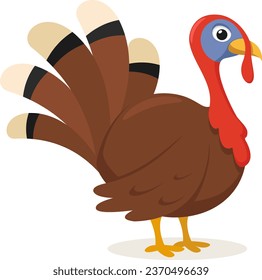 Turkey bird with fluffy tail close-up on a white background. Thanksgiving character