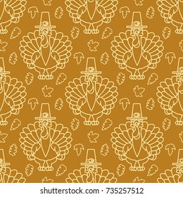 Turkey bird with hat and autumn leaves on brown. Seamless Pattern.  Vector Background. Thanksgiving Holiday Texture. 