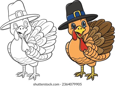 Turkey bird with a hat. Cartoon character. Doodles art for Thanksgiving Day. Coloring book for adults and kids.