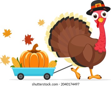 A turkey bird in a hat drags a cart with pumpkin and corn on a white background. Thanksgiving Day.