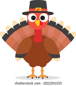 A turkey bird in a hat stands on a white background. Thanksgiving Day