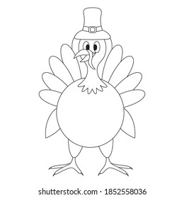 Turkey. Bird in a hat. Vector illustration. Outline on an isolated white background. Doodle style. Coloring book for children. Sketch. Thanksgiving day symbol. A fabulous character with a lush tail. 