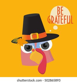 Turkey Bird Head with Pilgrims hat on. Speech bubble with text "Be Grateful".  Thanksgiving icon.