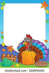 Turkey bird holding pumpkin frame 1 - eps10 vector illustration.