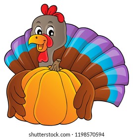 Turkey bird holding pumpkin theme 1 - eps10 vector illustration.