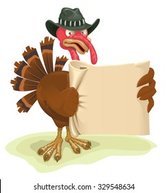 Turkey bird holding sheet of parchment. Cartoon illustration in vector format