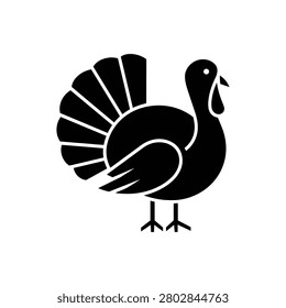 Turkey bird icon with large fan shaped tail, rounded body, bare head and thin legs in a bold black and white animal silhouette
