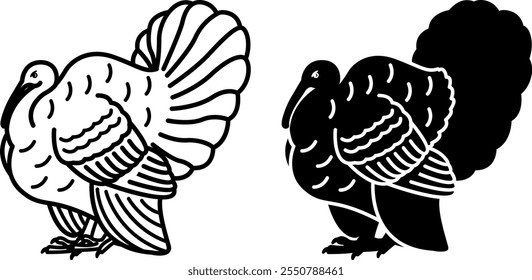 Ícones de Pássaro da Turquia. Ilustração de vetor em preto e branco. Agricultura, Agricultura. Para colorir o design do livro. Conceito de animais domésticos