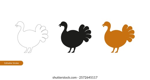 Turkey Bird Illustration in Three Styles: Editable Stroke Outline, Silhouette, and Color