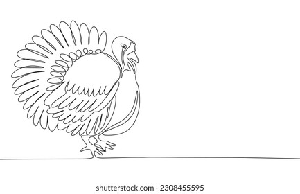 Turkey bird isolated on white background. One line continuous farm bird art. Line art, outline, vector illustraiton.