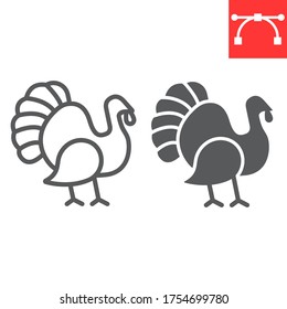 Turkey bird line and glyph icon, animal and poultry, turkey animal sign vector graphics, editable stroke linear icon, eps 10