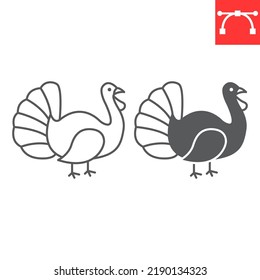 Turkey bird line and glyph icon, thanksgiving and farm, turkey vector icon, vector graphics, editable stroke outline sign, eps 10.