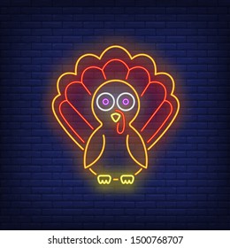 Turkey bird neon sign. Thanksgiving Day, animal design. Night bright neon sign, colorful billboard, light banner. Vector illustration in neon style.