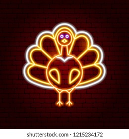 Turkey Bird Neon Sign. Vector Illustration of Fall Holiday Promotion.