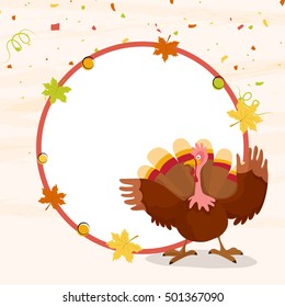 Der türkische Vogel auf Ahornblättern verzierter Hintergrund. Grußkarte mit Platz für Ihren Text. Vektorgrafik für die Feier des glücklichen Thanksgiving-Tages.