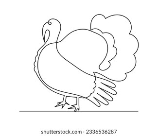 Türkei Vogel eine Linie Kunst, Geflügel kontinuierliche Umrisszeichnung, handgezeichnet Thanksgiving Tag Traditionelle Lebensmittel, festliche Design-Dekorationsumriss.Bearbeitbarer Schlaganfall.Einzelne.Vektorgrafik