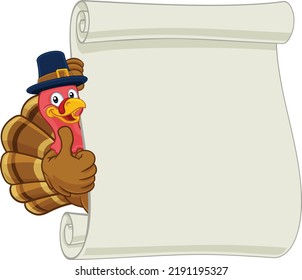 A turkey bird in a Pilgrim hat cartoon Thanksgiving character with a scroll sign background illustration 