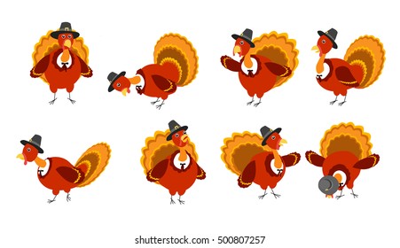 Turkey bird in pilgrim hat in different poses, isolated,  vector set.