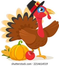 Turkey bird with pumpkin and corn shows a place for text on a white background. Thanksgiving day