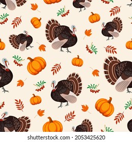 Turkey bird, pumpkin, leaves and berries vector seamless pattern for Thanksgiving holiday. Cartoon background for wallpaper, packaging, wrapping and background.