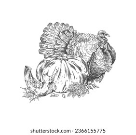 Turkey bird, pumpkin with slice and leaves hand drawn vector illustration. Thanksgiving holiday vintage engraving sketch. Autumn harvest season symbols.