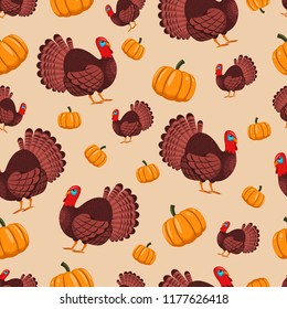 Turkey bird and pumpkin vector seamless pattern for holiday Thanksgiving. Cartoon background for wallpaper, wrapping, packing, and backdrop.