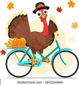 Turkey bird rides a bicycle and flaps its wing. Thanksgiving Day