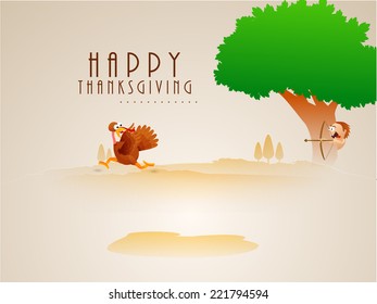 Turkey bird running to escape from bird hunter trying to hit behind the tree, Creative Happy Thanksgiving Day celebration concept.   
