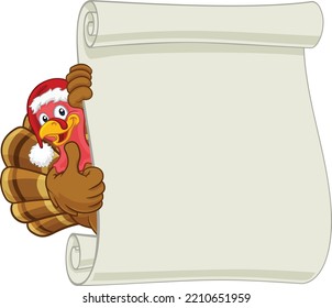 A turkey bird in a Santa hat cartoon Christmas character with a scroll sign background illustration 