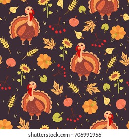 Turkey bird seamless pattern with harvest and autumn leaves on dark background. Thanksgiving vector illustration.