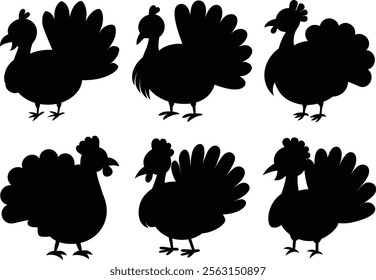 Turkey bird silhouette in black. Set of turkeys silhouette isolated for Thanksgiving Day.