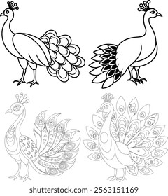 Turkey bird silhouette in black. Set of turkeys silhouette isolated for Thanksgiving Day. illustration of a peacock