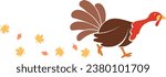 Turkey bird silhouette runs with autumn leaves on a white background. Thanksgiving Day