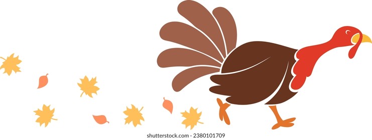 Turkey bird silhouette runs with autumn leaves on a white background. Thanksgiving Day