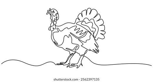 turkey bird single line drawing vector, turkey, poultry, bird one line art. Continuous line drawing of farm, nature, agriculture, farm animals, rural life, ranch, turkey in continuous line drawing.