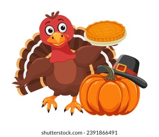 A turkey bird stands next to a pumpkin wearing a pilgrim's hat and holding a pumpkin pie. Traditional american, canadian symbol of Happy Thanksgiving Day. Cute character. Vector clipart.