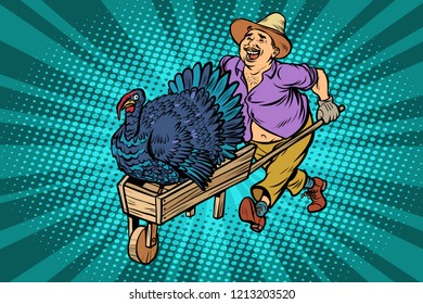 turkey bird, thanksgiving day holiday. farmer, man with a wooden wheelbarrow. Comic cartoon pop art retro vector illustration drawing