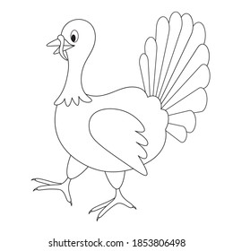 Turkey. The bird is walking. Side view. Vector illustration. Outline on an isolated background. Doodle style. Coloring book. Sketch. Thanksgiving day symbol. A fabulous character with a lush tail. 