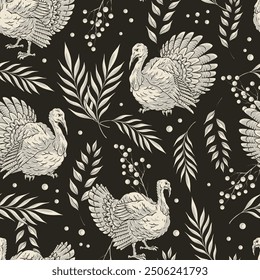 Turkey birds seamless pattern monochrome with turkeys walking among rowan branches for organic meat packaging design vector illustration