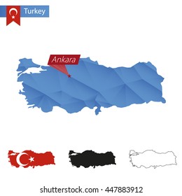 Turkey blue Low Poly map with capital Ankara, versions with flag, black and outline. Vector Illustration.