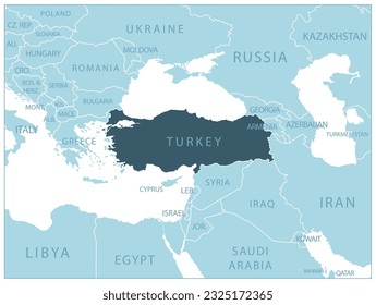 Turkey - blue map with neighboring countries and names. Vector illustration