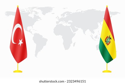 Turkey and Bolivia flags for official meeting against background of world map.