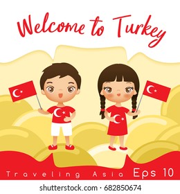 Turkey : Boy and girl with national flag : Vector Illustration