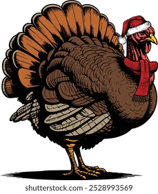Turkey breed in red hat of Santa Claus, Funny Christmas Animal, Animal Christmas Winter Holiday , Cute Christmas Animal