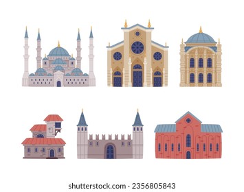 Turkey Building with Mosque, House Exterior and Stone Construction Vector Set