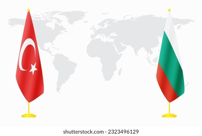 Turkey and Bulgaria flags for official meeting against background of world map.