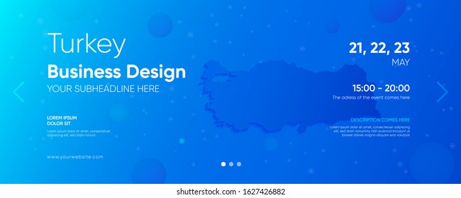 Turkey business design template with its own map and various design elements on the blue gradient background for web.