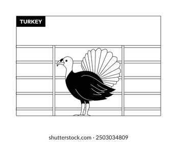 Turkey in a cage made of wood, black and white, outline, birds vector illustration.