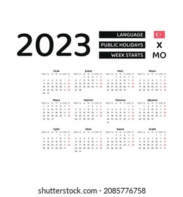 Turkey Calendar 2023. Week starts from Monday. Vector graphic design. Turkish language.