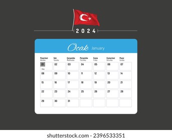 Turkey calendar 2024 year. Vector Design Template